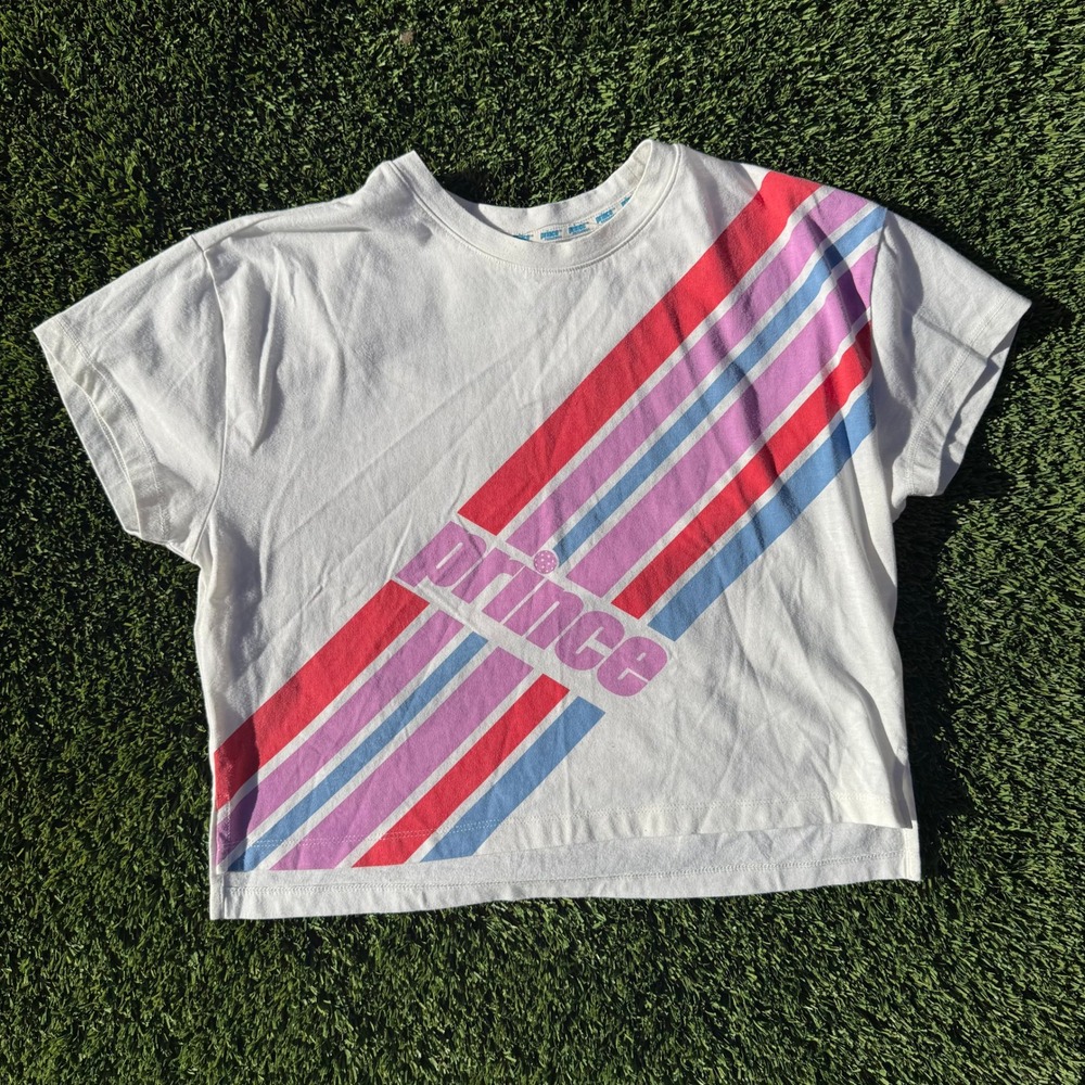 Prince Pickleball White‎ Crop T Shirt Girls Size M Rainbow Stripe Logo